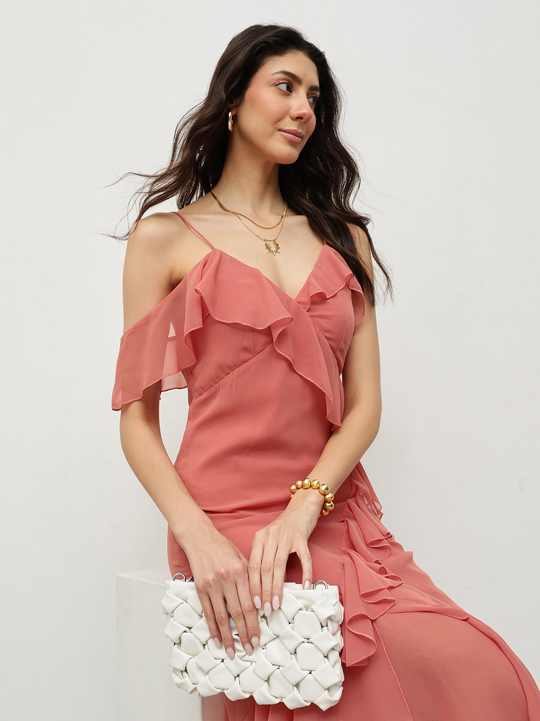 Coral Ruffled Asymmetrical Dress