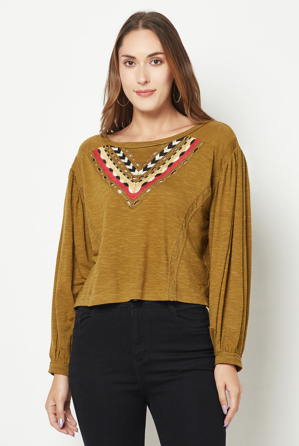 Olive Embroidered Balloon Sleeve Top