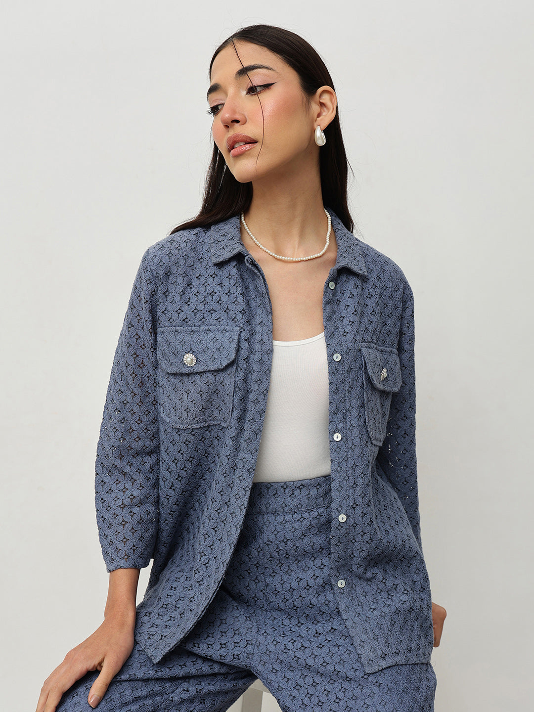 Denim Blue Embroidered Co-Ord Set