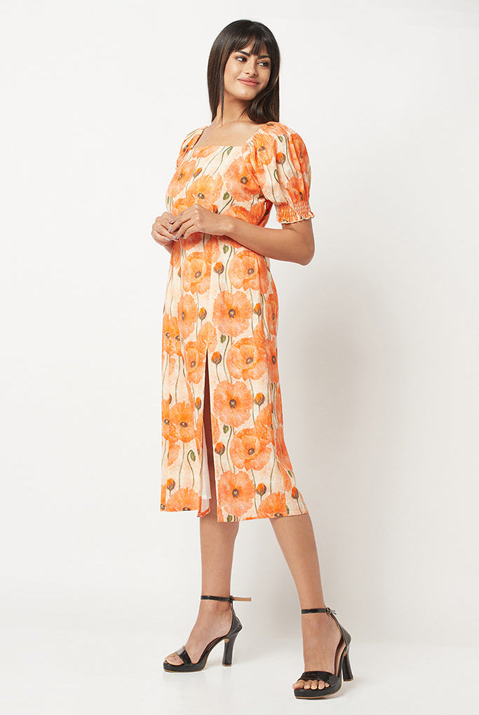 Orange Floral Slit Dress