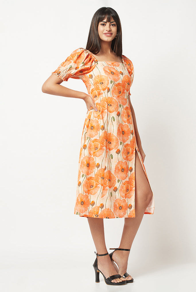Orange Floral Slit Dress