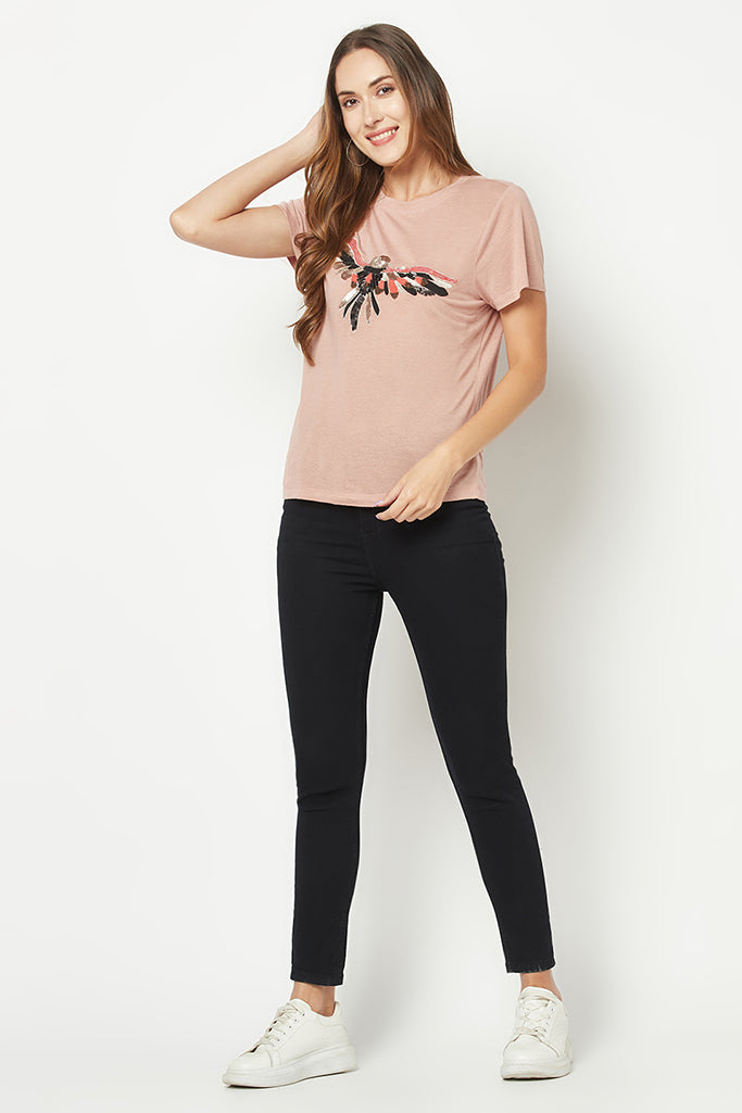 Pink Bird Embroidered T-shirt