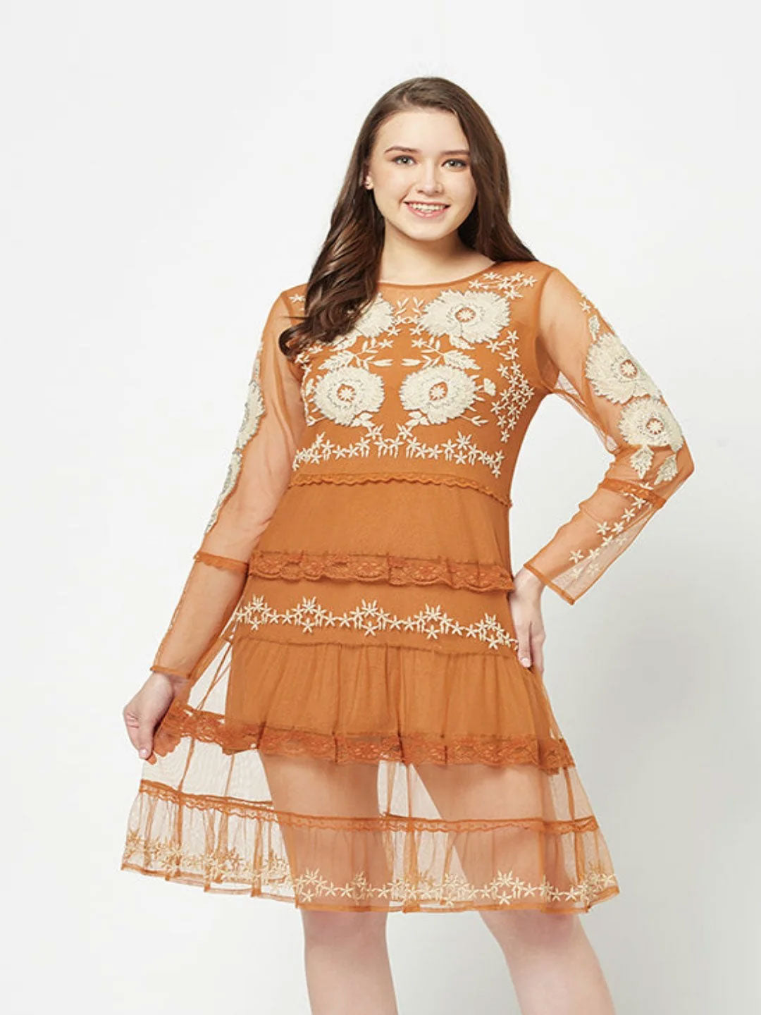 Orange Boho Embroidered Dress