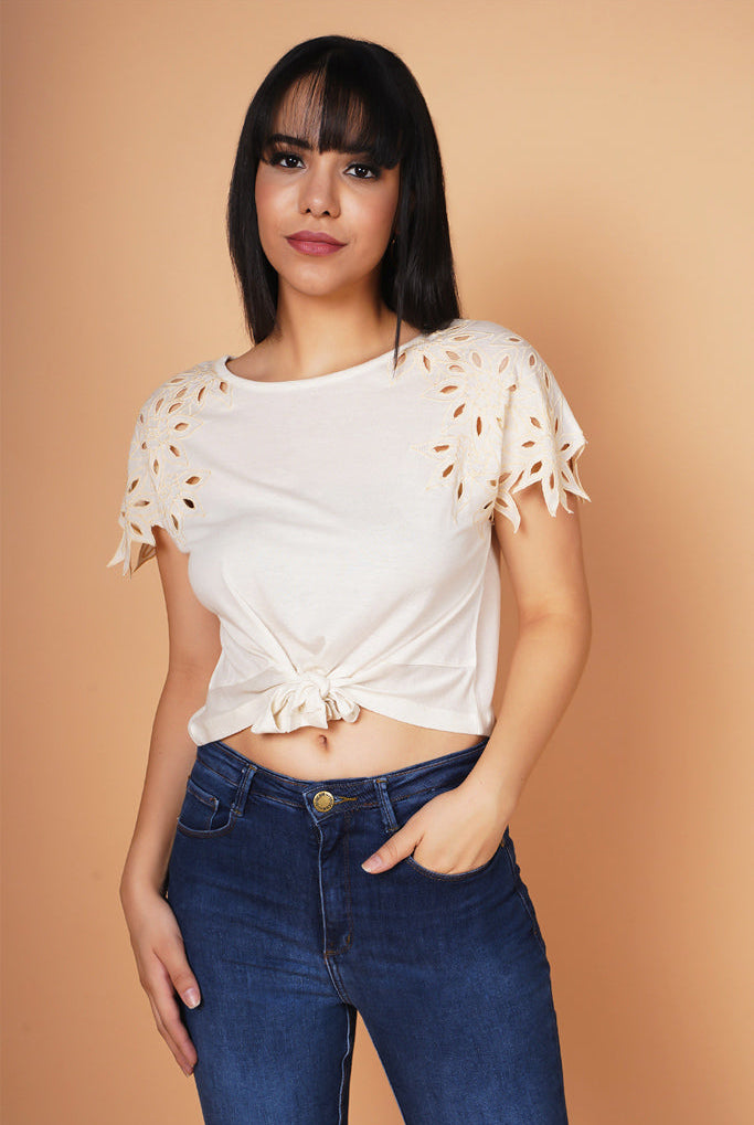 Light Beige Cut-work Embroidered Top