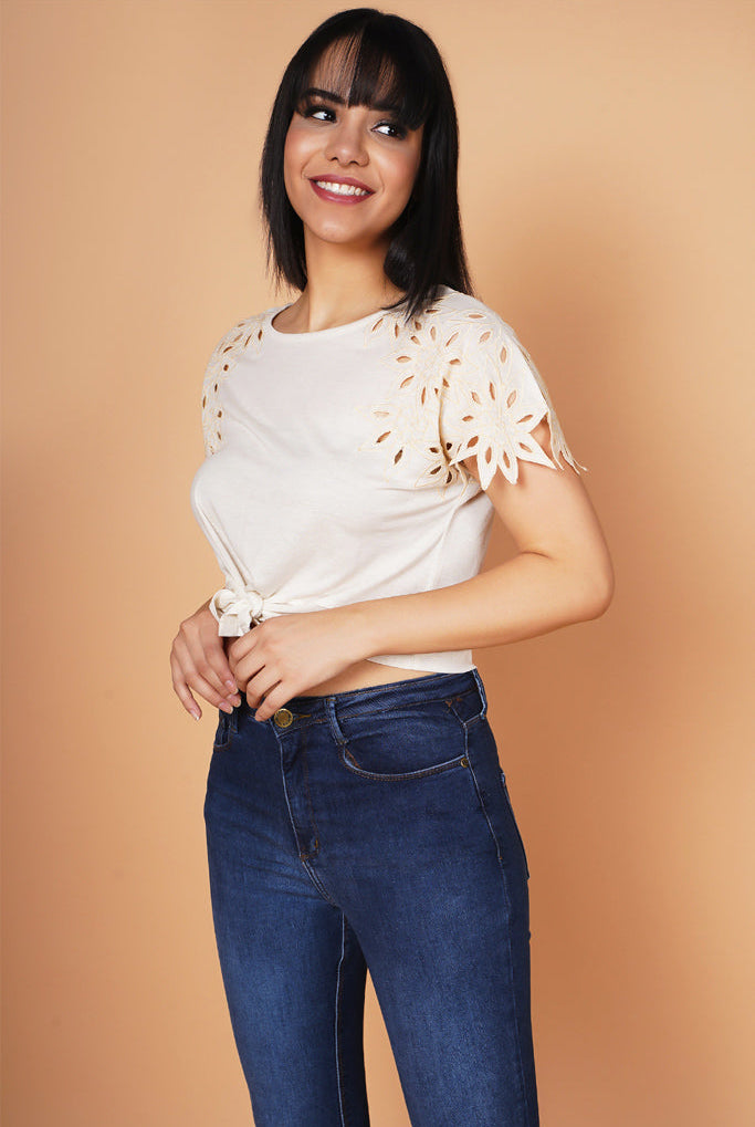 Light Beige Cut-work Embroidered Top